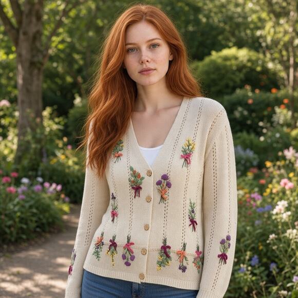 Mandal Bay Sweaters - Vtg. 90s Floral Cardigan Embroidered Sweater Cream Size XL Cottagecore Coquette